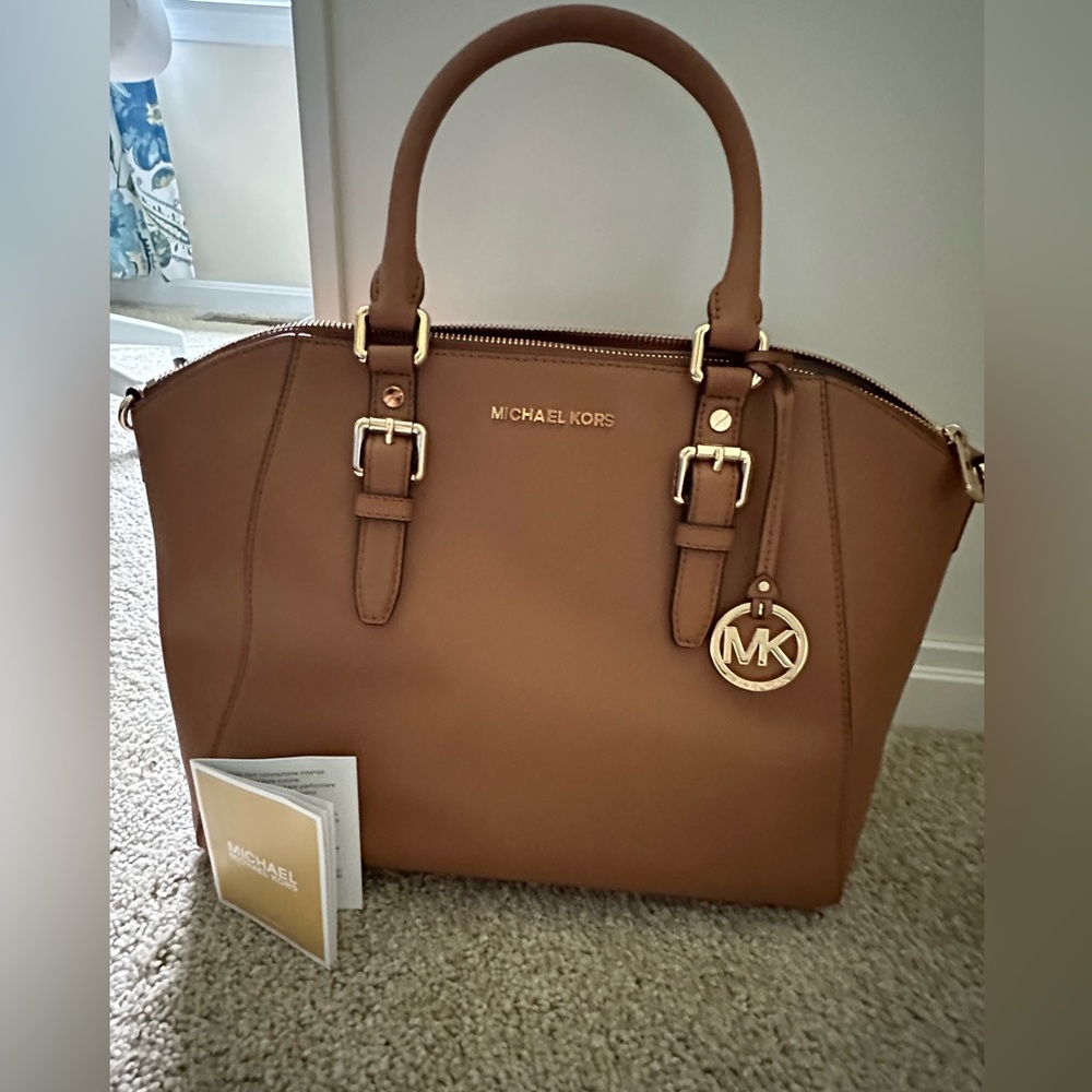 Michael Kors Ciara Large Saffiano Brown Leather Zip Top Handbag Tote